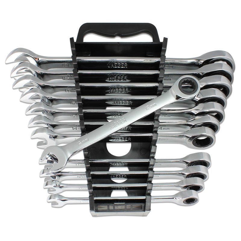 Jaeger 12pc MM/Metric TIGHTSPOT Ratcheting Wrenches - With Quick Access Wrench Organizer - Our standard in combination wrench sets from gear to tip - Image 1